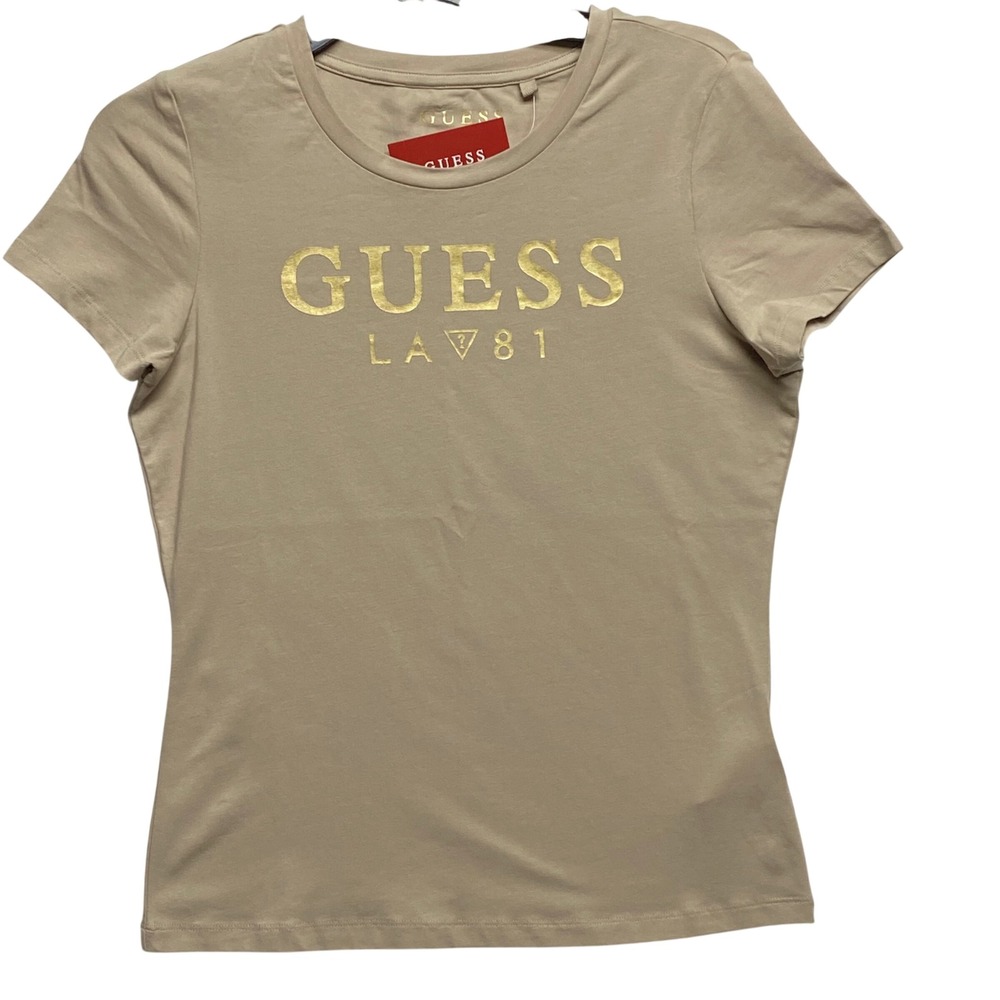 Guess Womens LA 81 Logo Graphic T-Shirt Tan Beige Gold Metallic Crew Neck MD NWT - Picture 2 of 6